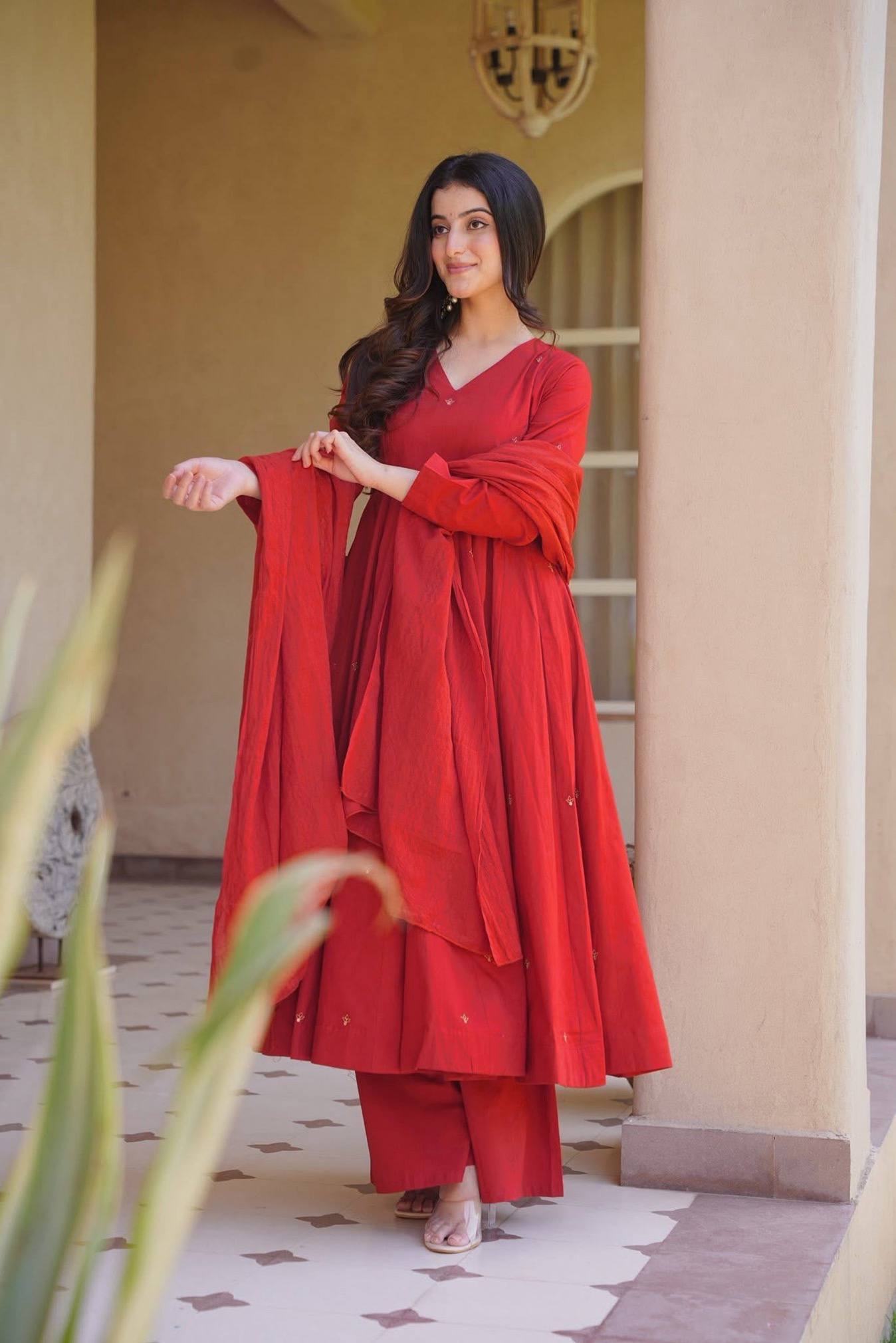 Rich Magenta Maroon Flared Anarkali Suit Set Adorned with Delicate Scattered Floral Embroidery and an Elegant V-Neckline